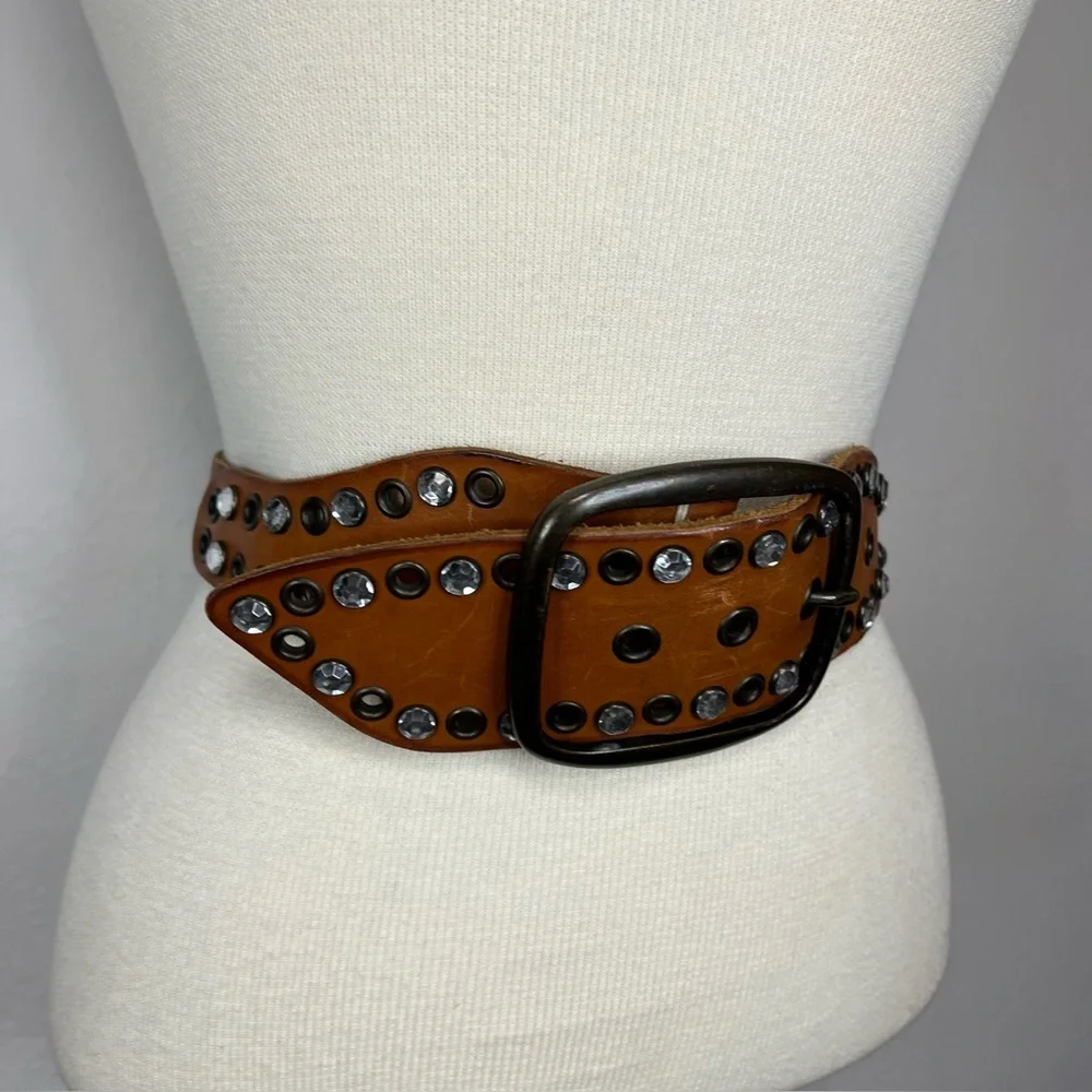 GAP Wide Tan Leather Studded Waist Belt with Crystal Accents